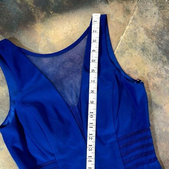 Morgan & Co. Blue Maxi Plunging V neck, Side Mesh Cutouts A-Line Size 5 - Picture 10 of 16